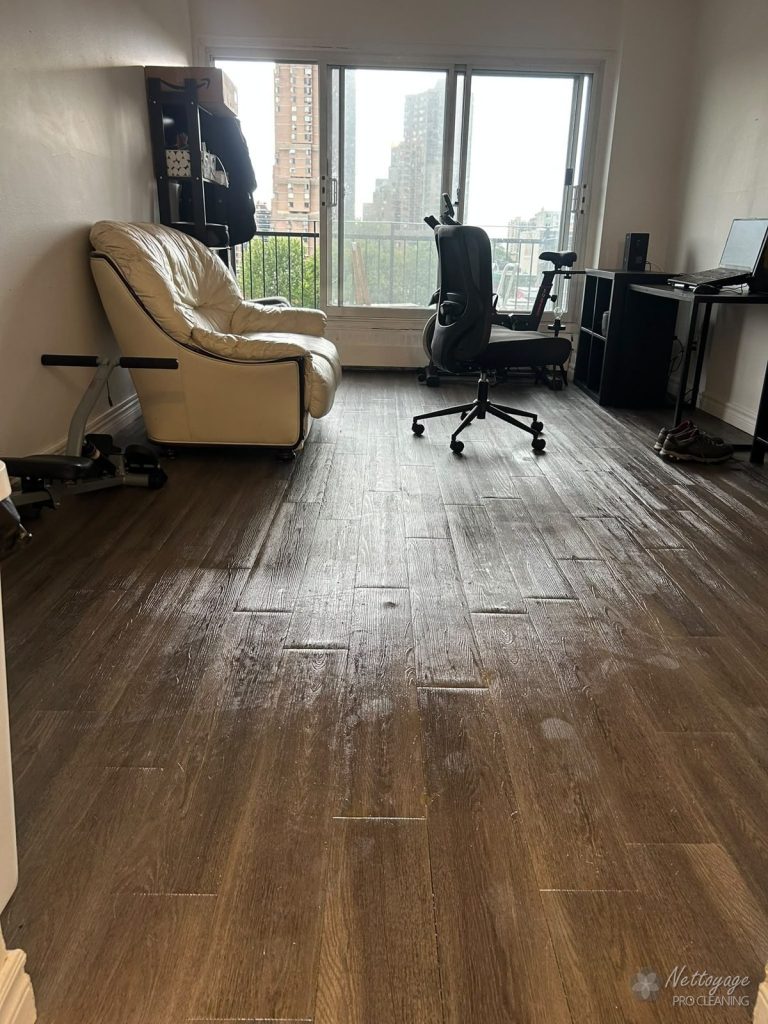 Living room with shining floor after deep cleaning